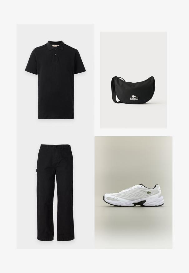 Sort polo shirt lavet af tekstureret bomuld. Har en to-knaps placket, korte ærmer og et diskret broderet logo på brystet.; Sorte bomulds cargo bukser med en lige ben-design, der har sidelommer og en frontknaplukning. Holdbart stof med en glat tekstur.; Hvide atletiske sko med tekstureret mesh-overdel, buet design og kontrasterende sort ydersål. Har en grøn broderet logo på siden.; Sort Lacoste skuldertaske med buet form, justerbar rem og hvidt præget krokodillelogo over mærkenavnet foran.