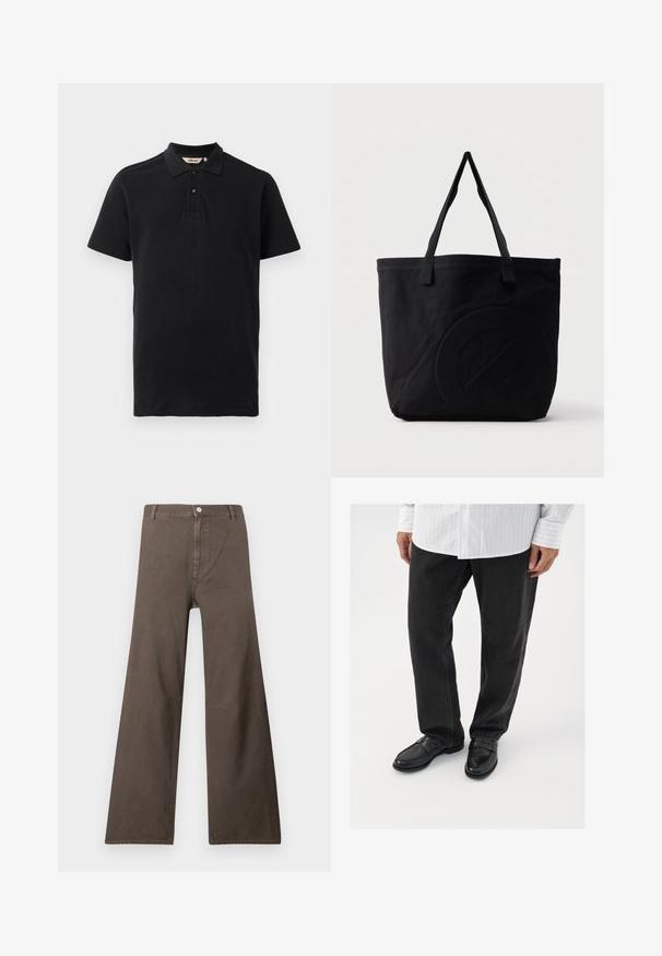 Sort polo shirt lavet af tekstureret bomuld. Har en to-knaps placket, korte ærmer og et diskret broderet logo på brystet.; Brune brede bukser med høj talje, knaplukning, bælteslyngninger og synlige sømdetaljer på benene.; Sorte denimbukser parret med skinnende sorte loafers. Skjorten er hvid med tynde lodrette striber, har lange ærmer og en knapkrave.; Sort canvas-tote-taske med to skulderstropper og et diskret præget cirkeldesign på fronten.
