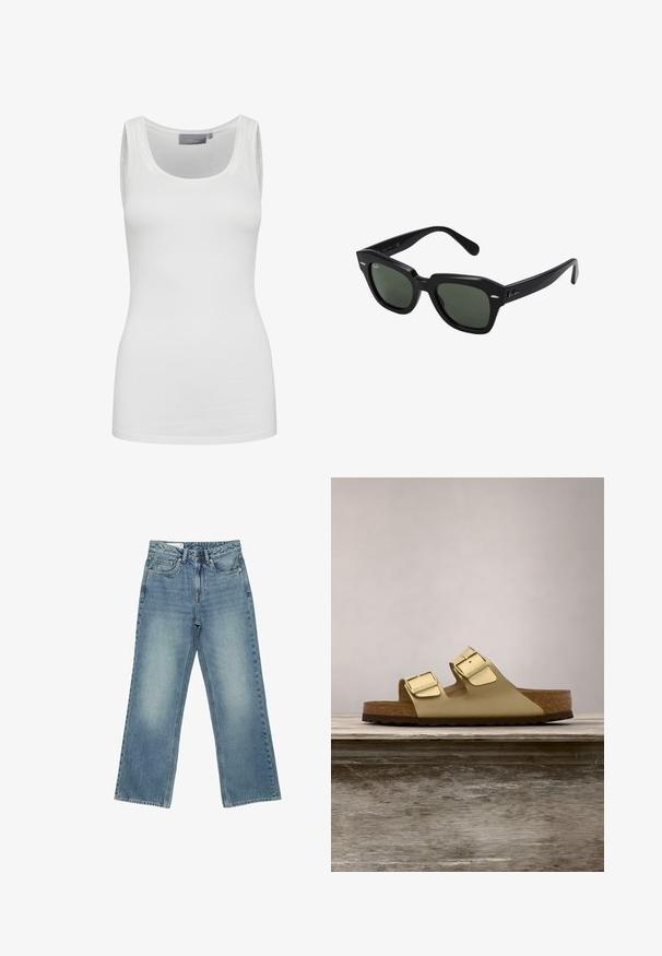 Witte tanktop van zacht, elastisch materiaal met een ronde halslijn en smalle schouderbanden. Kenmerken zijn een gladde textuur en een aansluitend ontwerp.; Blauwe, rechtvallende jeans met hoge taille, vijf zakken, knoopsluiting en een subtiele vervaagde wassing aan de voorkant van de dijen.; Gouden metallic sandalen met twee banden en verstelbare gespen, kurken voetbed en een gemarmerde rubberen loopzool. Beschikt over een open teen- en open hielontwerp.; Zwarte vierkante zonnebril met donker groene lenzen, uitgerust met gedurfde monturen en zilveren accenten aan de zijkanten. Gemaakt in Italië.