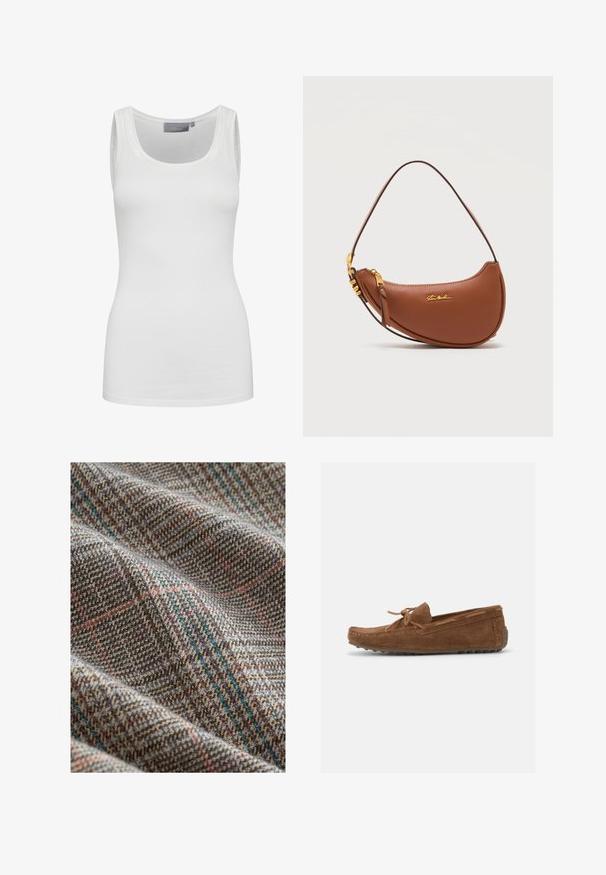 Hvid tanktop lavet af blødt, strækbart stof med rund halsudskæring og smalle stropper. Har en glat tekstur og tætsiddende design.; Blødt uldstof med et struktureret fiskebenmønster med krydsende røde og blå ternede linjer på en brun og beige baggrund.; Brun mokkasinsko i ruskind med syet tå, snørebånd bundet i sløjfe på toppen og gummisål med grebstifter.; Brun læderhåndtaske i halvmåneform med gyldent lynlås, gyldent beslag, justerbar rem og gyldent signaturlogo foran.
