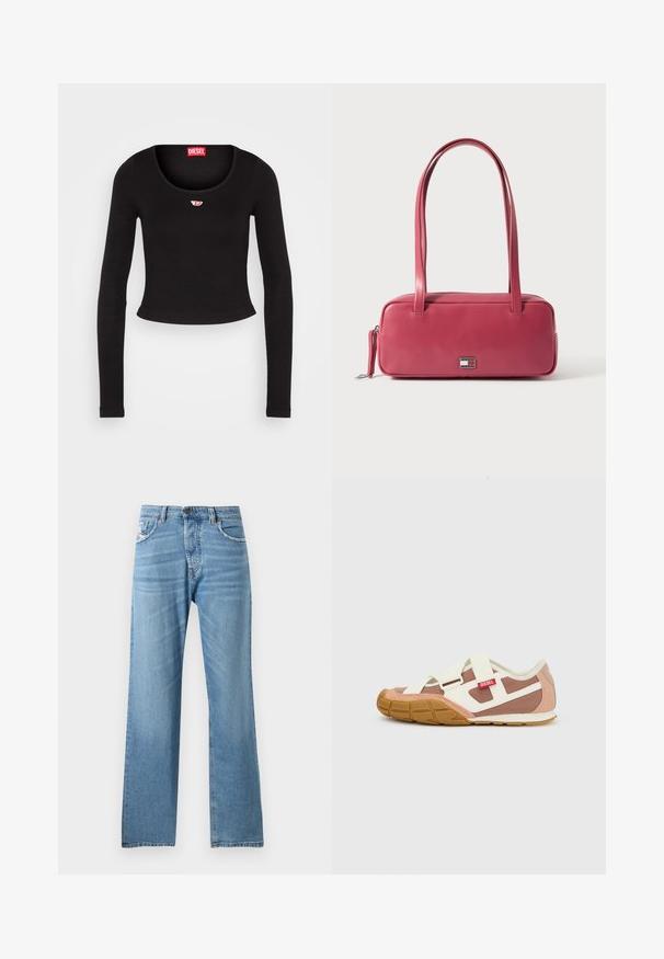 Čierny dlhý rukáv crop top vyrobený z rebrovanej tkaniny. Má výstrih do tvaru lode a malú červenobielu nášivku na hrudi.; Svetlomodré džíny z denimu s rovnou nohou, so štandardným pásom, piatimi vreckami a jemným vyblednutím na látke.; Teniska so zmesou bielych, ružových a hnedých semišových a textilných panelov, vybavená suchým zipsom a gumovou podrážkou. Viditeľné červené logo Diesel.; Ružová kožená kabelka obdĺžnikového tvaru, s dvojitými rukoväťami a malým kovovým emblémom na prednej strane, s hladkou, lesklou textúrou.