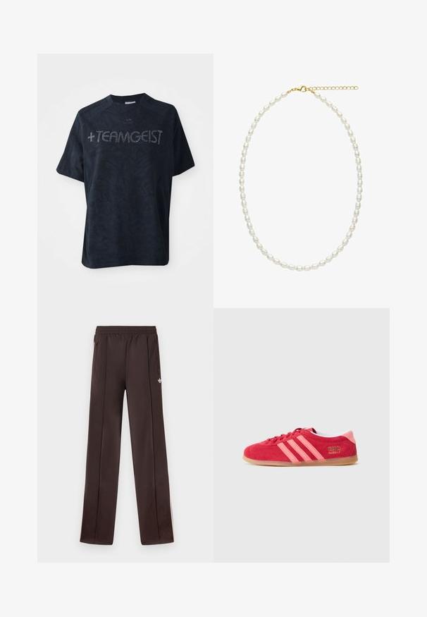 Must dekiga t-särk pehmest kangast, millel on tekstuuriline muster ja mida kaunistavad sädelevad kivid, mis kirjutavad "+TEAMGEIST."; Tumedat pruunid Adidas jooksepüksid elastse vöökohaga, külgedel lukuga taskud ja väike valge Trefoil logo paremal reiel.; Punane seemisnahast toss koos roosade triipude, kummisest pruunika tallaga ja kuldsete logode detailidega. Omab ümarat ninaosa ja paeltega kinnitamist.; Kaelakee ebaühtlastest valgetest pärlitest ja reguleeritava ahela pikendusega kuldse homaarlukuga.