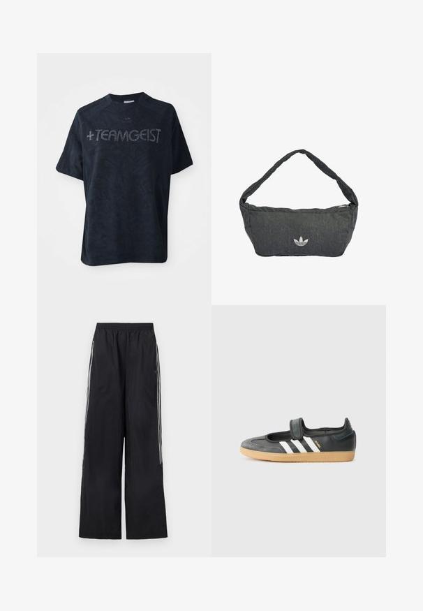 T-shirt noir à manches courtes en tissu doux, avec un motif texturé et orné de strass formant le mot "+TEAMGEIST."; Pantalon de survêtement noir à jambes larges avec ceinture élastique et trois bandes blanches sur le côté de chaque jambe.; Sneaker en cuir noir et suède avec une sangle Velcro, arborant trois bandes blanches et une semelle en caoutchouc, étiqueté "SAMBA" sur le côté.; Sac à épaule gris foncé en tissu texturé, doté d'une fermeture éclair et d'un logo brodé sur le devant. Bandoulière longue et incurvée.