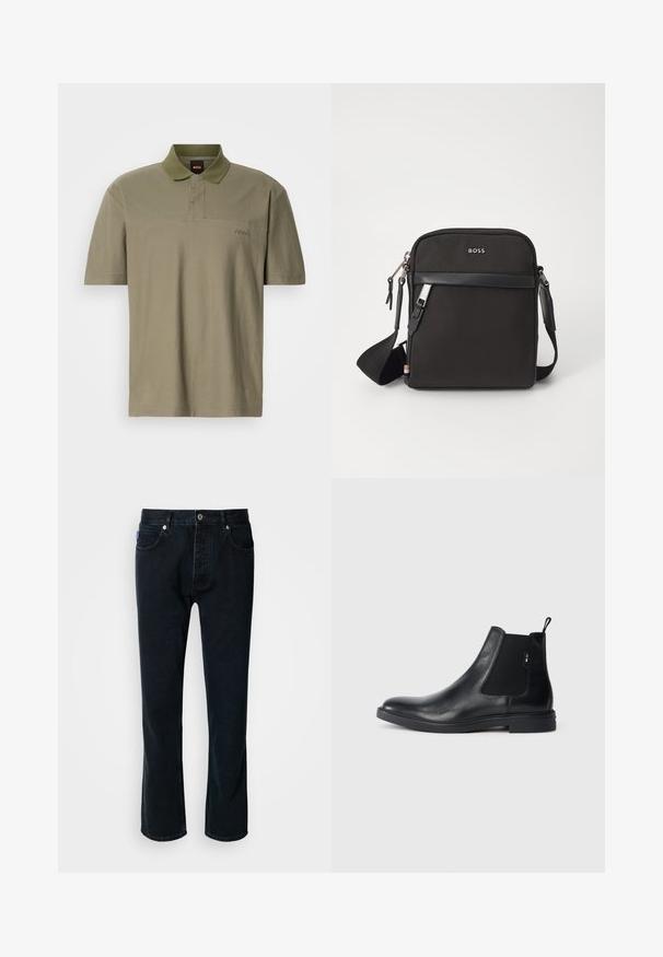 Polo color verde oliva, de manga corta, diseño con cuello, textura sutil, presenta un pequeño logo bordado de "BOSS" en el lado izquierdo.; HUGO JONAH - Vaqueros rectos - dark blue; Botines Chelsea de cuero negro con paneles elásticos laterales, una pestaña para tirar y una suela de goma plana. Textura suave con un detalle mínimo.; Bolso bandolero negro con un tejido texturizado, logo en la parte frontal, cierre de cremallera y correa ajustable. Presenta un ribete de cuero suave.