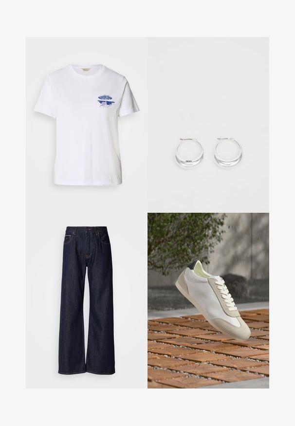 T-shirt en coton blanc avec un design graphique bleu d'une chaise de plage et d'un parasol sur la partie gauche de la poitrine, col rond, manches courtes.; Jean en denim noir à jambes larges et taille haute, avec poches avant et détails de couture subtils. Texture lisse avec une coupe classique.; Baskets blanches et beiges décontractées avec détail noir au talon, lacets blancs et logo "BOSS", flottant au-dessus d'un pavé en bois en extérieur.; Boucles d'oreilles en argent avec une finition polie et un branding DKNY, présentées sur un fond blanc uni.