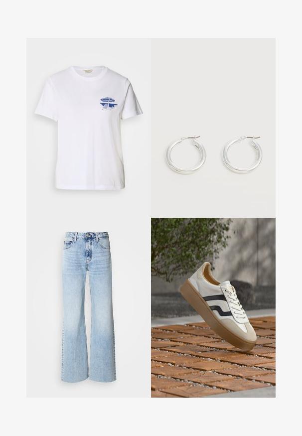 T-shirt en coton blanc avec un design graphique bleu d'une chaise de plage et d'un parasol sur la partie gauche de la poitrine, col rond, manches courtes.; Jeans larges bleu clair en denim délavé, taille haute et design classique à cinq poches. Présente une fermeture à bouton et à glissière.; Baskets blanches avec semelle beige et bande noire, flottant au-dessus d'une surface extérieure en bois et pierre à motifs avec un arrière-plan flou de verdure.; Paire de boucles d'oreilles créoles moyennes argentées brillantes avec de fines attaches métalliques sur un fond clair et neutre.