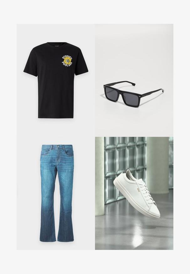 Camiseta de algodón negra con mangas cortas, que presenta un gráfico de girasol amarillo y el texto "SUNNIES POOL BAR" en el área del pecho izquierdo.; Jeans de denim en lavado azul medio con un ligero acampanado en la parte inferior, diseño clásico de cinco bolsillos y cierre frontal con botón y cremallera.; Zapatilla deportiva de piel blanca de corte bajo con cordones, lengüeta negra en el talón y logo "BOSS", flotando en interiores cerca de una pared de bloques de vidrio y suelo pulido.; Gafas de sol cuadradas negras con lentes oscuros. Fabricadas en plástico, con laterales texturizados y un diseño minimalista. Detalles cerca de las bisagras.