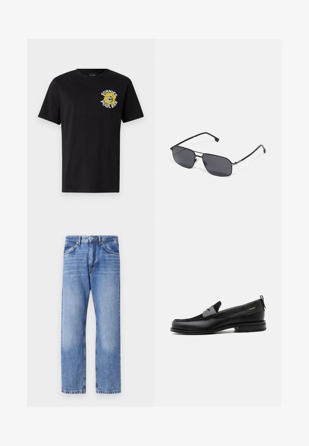 Camiseta de algodón negra con mangas cortas, que presenta un gráfico de girasol amarillo y el texto "SUNNIES POOL BAR" en el área del pecho izquierdo.; Jeans de mezclilla azul claro con un diseño de pierna recta, cinco bolsillos, costuras en contraste y un acabado ligeramente desgastado. Cierre de botón y cremallera.; Mocasín de cuero negro con detalle de tira gris, tacón bajo y suela texturizada, con la marca "HUGO" en oro en el lateral.; Gafas de sol negras con una montura rectangular, lentes tintados y brazos metálicos delgados. Presenta sutiles acentos plateados en la montura.