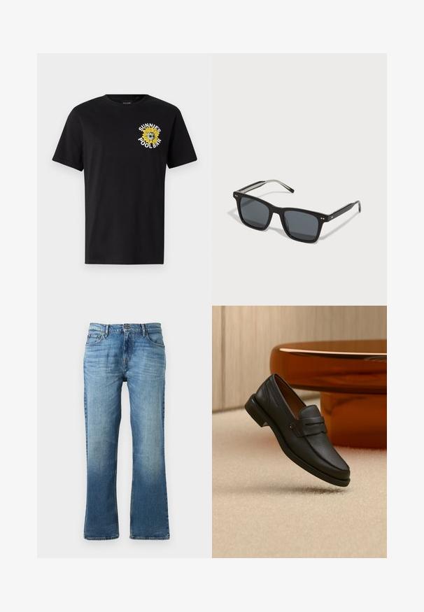 Sort bomuld t-shirt med korte ærmer, der har et gult solsikke grafisk design og teksten "SUNNIES POOL BAR" på venstre brystområde.; Lyseblå denimjeans med lige ben, der har en falmet finish, fem lommer og en knaplukning med metalbeslag.; Sort læder herreloafer med bånd tværs over toppen, vist på beige tæppe nær et brunt moderne rundt bord.; Sorte firkantede solbriller med mørke linser, plastikramme, metalaccenter og signaturlogo på bøjen. Slank design med et moderne udseende.