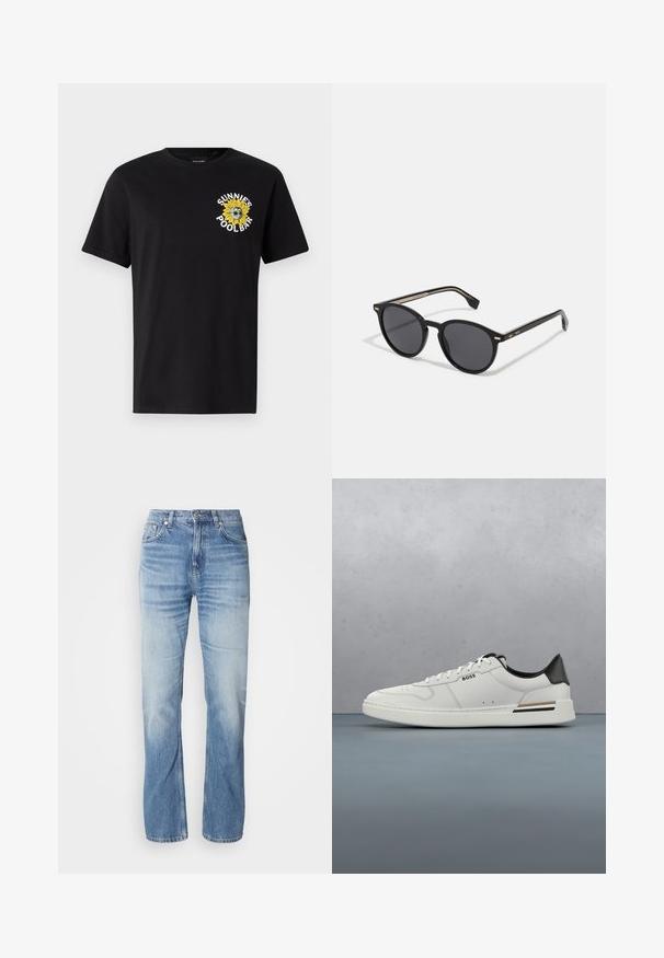 Sort bomuld t-shirt med korte ærmer, der har et gult solsikke grafisk design og teksten "SUNNIES POOL BAR" på venstre brystområde.; Lyseblå denimjeans med lige ben, slidt finish, fem lommer og knaplukning. Klassisk design og medium tykkelse.; Hvide lavtoppede sneakers med sort hæl, snørebånds lukning, subtile perforeringer og "BOSS" logo på siden, vist fra ydersiden i profil.; BOSS Solbriller - black