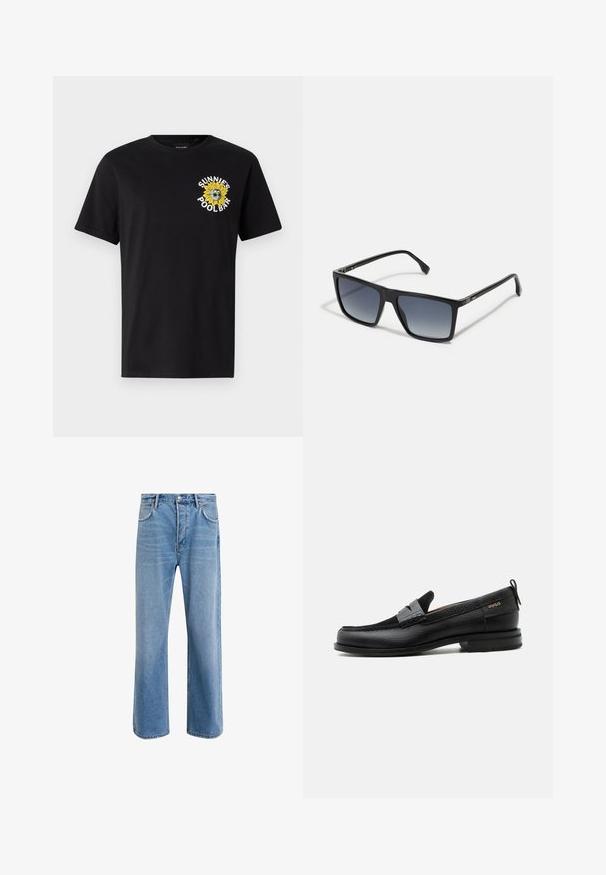 Sort bomuld t-shirt med korte ærmer, der har et gult solsikke grafisk design og teksten "SUNNIES POOL BAR" på venstre brystområde.; Lyseblå denim jeans med lige ben-design, fem lommer, knaplukning, minimal falming og kontraststingdetaljer.; Sort læderloafer med grå remdetalje, lav hæl og tekstureret sål, mærket med "HUGO" i guld på siden.; Sorte rektangulære solbriller med gradientlinser fra mørk til lys. Plastikrammer med strømlinet design og minimal hardwaredetalje på siderne.