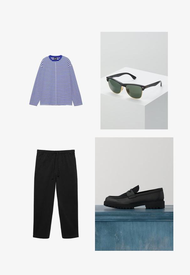 Chemise à manches longues rayée bleu et blanc horizontalement, avec un col rond et une couture centrale visible sur le devant.; Pantalon noir à jambes droites avec taille élastique et cordon de serrage à l'avant, doté de poches latérales et d'une coupe décontractée.; Chaussure noire en cuir sans lacets avec un accent en tissu texturé, une semelle en caoutchouc robuste et une finition lisse. Présente un détail de couture subtil.; Lunettes de soleil Ray-Ban avec des verres verts, monture en plastique noir et accents dorés sur les bords. Forme carrée avec une finition mate.