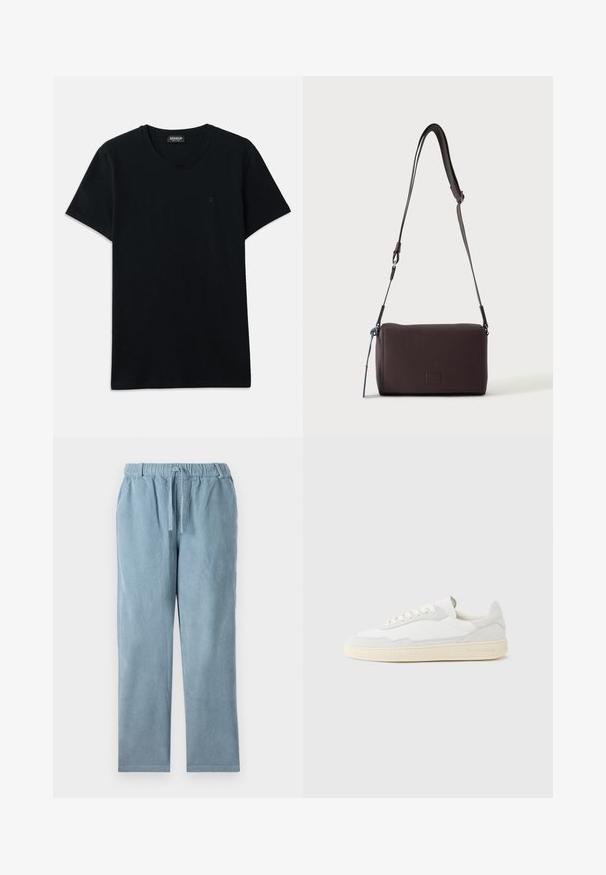 Dondup SLIM FIT - T-shirts basic - black; Lyseblå fløjlspants med elastisk talje, snoretilpasning, lige ben-form og ribbet tekstur. Ingen synlige lommer.; Hvid sneakers med en øvre del i tekstureret ruskind og læder. Har rundet tå, snørelukning og kontrasterende beige gummisål.; Mørkebrun textured læder crossbody taske med justerbar rem og lille dekorativ blå accent på siden.