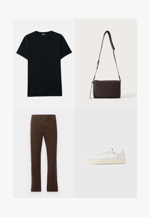 Dondup SLIM FIT - T-Shirt basic - black; CLOSED CLIFTON TRUE - Chino - espresso brown; Weißer Sneaker mit strukturiertem Obermaterial aus Wildleder und Leder. Verfügt über eine runde Zehenpartie, Schnürverschluss und eine kontrastierende beige Gummisohle.; Dunkelbraune, strukturierte Leder-Crossbody-Tasche mit verstellbarem Riemen und kleinem dekorativen blauen Akzent an der Seite.