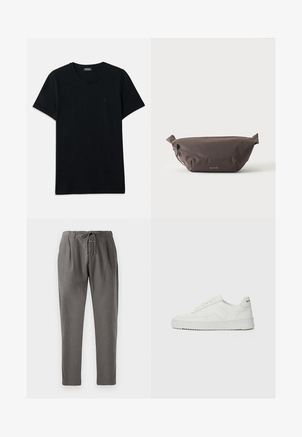 Dondup SLIM FIT - T-shirt basic - black; Grijze katoenen broek met een elastische tailleband en trekkoord. Beschikt over zijzakken en een relaxte pasvorm, die aan de enkels taps toeloopt.; Witte leren sneaker met een gladde afwerking, ronde neus, platte veters en een gestructureerde zool. Kenmerkt zich door een subtiel logo op de hiel.; Donkerbruine stoffen heuptas met diagonale ritssluiting en klein wit logo aan de voorkant, tegen een effen lichte achtergrond.
