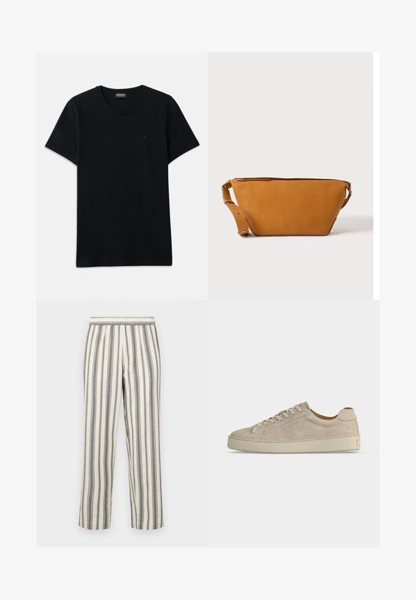 Dondup SLIM FIT - T-shirts basic - black; Stribede bukser i en lys cremefarve med tynde grå lodrette striber. Har elastisk talje og en lige benklipp.; Beige ruskind lavtop sneaker med snørelukning og tyk gummisål, vist fra siden på en ensfarvet hvid baggrund.; Lys brun læder crossbody taske med justerbar rem og lynlås, vist mod en ensartet lys baggrund.