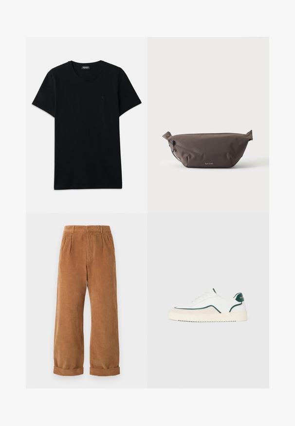 Dondup SLIM FIT - T-Shirt basic - black; Braune Cordhosen mit einem weit geschnittenen Design, ausgestattet mit vorderen Falten und aufgerollten Säumen. Der Stoff hat ein strukturiertes, geripptes Aussehen.; Weiße Low-Top-Sneaker mit grünen Akzenten, beigen Wildlederdetails und einer cremefarbenen Sohle mit gerilltem Boden.; Dunkelbraune Stoff-Gürteltasche mit diagonalem Reißverschlussfach und kleinem weißen Logo vorne, vor einem einfarbigen hellen Hintergrund.