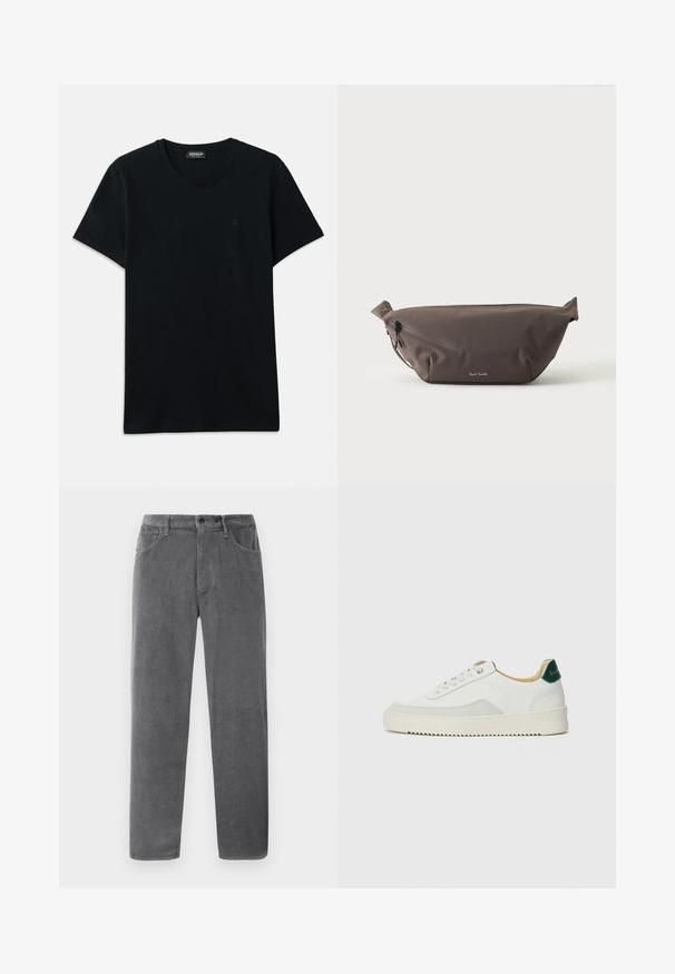 Dondup SLIM FIT - T-Shirt basic - black; GrauCordhosen mit geradem Schnitt, ausgestattet mit zwei Vordertaschen, einem Knopfverschluss und strukturierten vertikalen Rillen.; Weiße Sneaker mit Wildlederelementen, runder Zehenpartie, flachen Schnürsenkeln und einer cremefarbenen Gummisohle. Mit grünen Markenlogo am Fersenbereich.; Dunkelbraune Stoff-Gürteltasche mit diagonalem Reißverschlussfach und kleinem weißen Logo vorne, vor einem einfarbigen hellen Hintergrund.