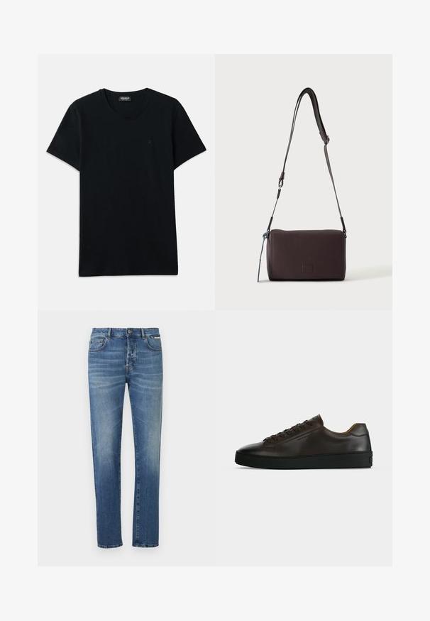 Dondup SLIM FIT - T-shirt basic - black; Blauwe denim jeans met een rechte snit, voorzien van een ontwerp met vijf zakken, een vervaagd patroon en een metalen knoopsluiting in de taille.; Low-profile donkerbruine leren sneaker met zwarte rubberen zool, veters aan de voorkant en een strak minimalistisch design op een lichte achtergrond.; Donkerbruine gestructureerde leren crossbodytas met verstelbare riem en klein decoratief blauw accent aan de zijkant.