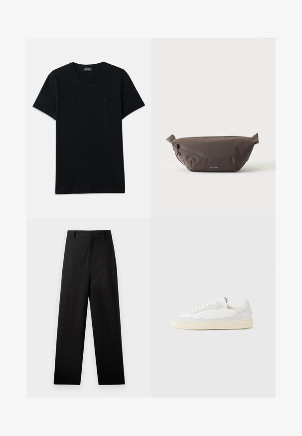Dondup SLIM FIT - T-shirt basic - black; Zwarte broek van katoen met een rechte pijpdesign, voorzien van een sluiting met een knoop aan de voorkant en zijzakken. Gladde textuur, geen patronen.; Witte sneaker met een bovenwerk van gestructureerd suède en leer. Voorzien van een afgeronde neus, vetersluiting en een contrasterende beige rubberen zool.; Donkerbruine stoffen heuptas met diagonale ritssluiting en klein wit logo aan de voorkant, tegen een effen lichte achtergrond.