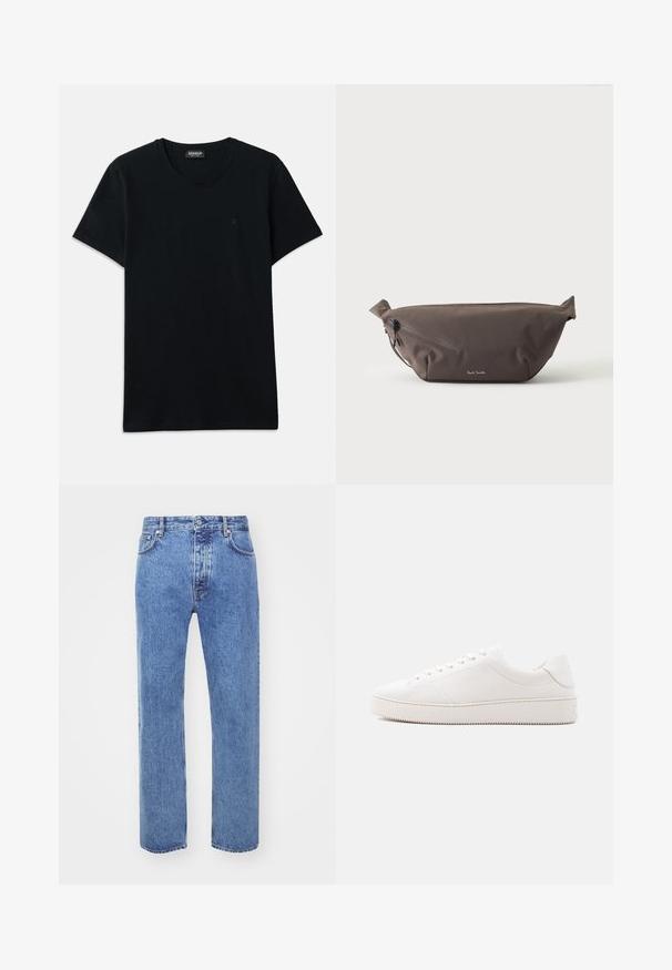 Dondup SLIM FIT - T-Shirt basic - black; Won Hundred STEVE - Jeans Relaxed Fit - cut blue; Weißer Ledersneaker mit glattem Finish, rundem Zehenbereich, sechs Augen für die Schnürung und einer strukturierten Gummisohle. Minimalistisches Design ohne Muster.; Dunkelbraune Stoff-Gürteltasche mit diagonalem Reißverschlussfach und kleinem weißen Logo vorne, vor einem einfarbigen hellen Hintergrund.