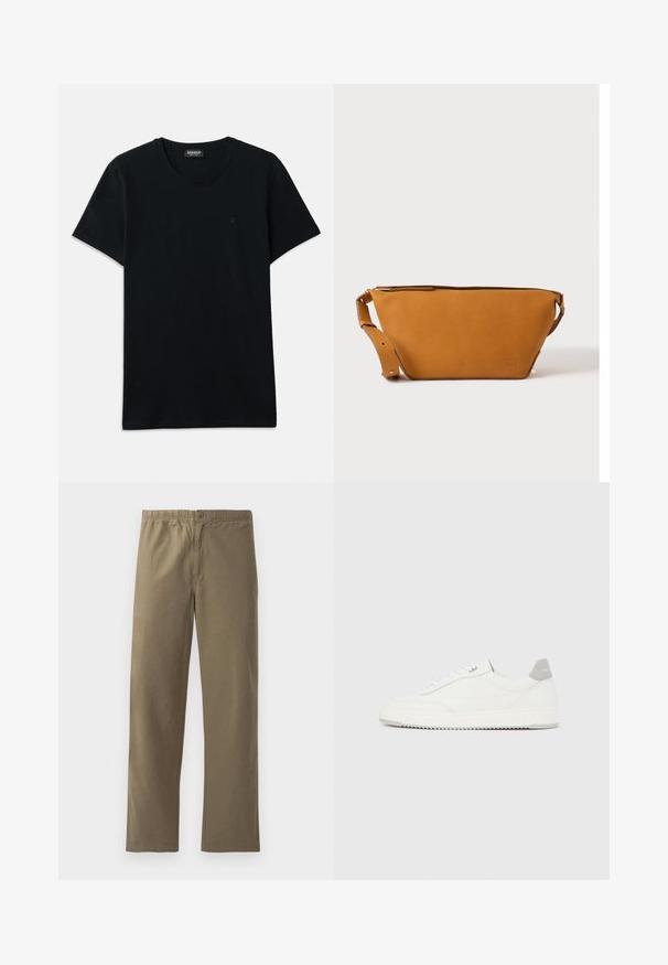 Dondup SLIM FIT - T-Shirt basic - black; Khaki-Hosen aus leichtem Stoff. Mit einem elastischen Bund, einem Knopfverschluss, geraden Beinen und einer glatten Textur.; Weißer Sneaker mit niedrigem Schaft, grauem Fersenlaschen, weißen Schnürsenkeln und einer strukturierten Sohle, dargestellt vor einem schlichten hellen Hintergrund.; Hellbraune Leder-Umhängetasche mit verstellbarem Schulterriemen und Reißverschluss, vor einem schlichten hellen Hintergrund gezeigt.