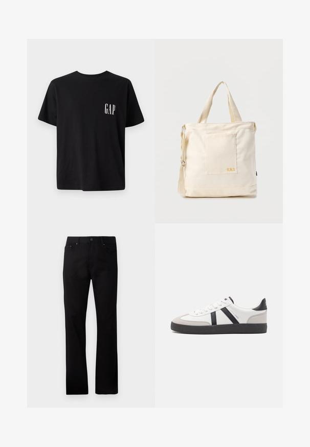 Sort bomulds t-shirt med rund hals, korte ærmer og et lille hvidt "GAP" logo på venstre brystområde. Casual pasform med en glat tekstur.; Sorte straight-leg jeans lavet af denim, med lukning foran med knap, to sidelommer og en glat overflade.; Hvide sneakers med sorte og grå detaljer, med en tekstureret grå tåhætte, sort gummisål og flade hvide snørebånd. Rent design, minimalistisk stil.; Kremfarvet lærredstote-taske med frontlomme, to håndtag, justerbar skulderrem og lille gul "O.N.S" tekst i nederste højre hjørne af lommen.