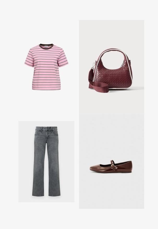 T-shirt rose à manches courtes avec fines rayures horizontales noires et blanches et un col rond marron foncé.; Jeans en denim gris à jambe droite avec bouton frontal, fermeture éclair et cinq poches, présentés sur un fond blanc.; Ballerine en cuir verni marron avec un bout carré et une lanière ornée d'une petite boucle dorée. Texture lisse, talon bas et design minimaliste.; Sac à main en cuir tressé marron foncé avec poignée courbée, garniture blanche, fermeture éclair argentée et bandoulière large en tissu amovible sur fond uni.
