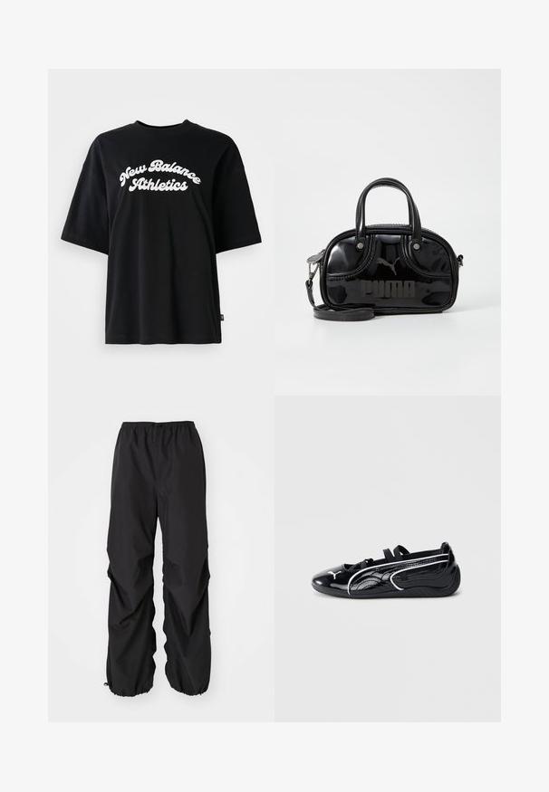 Zwarte katoenen T-shirt met korte mouwen en een ronde hals, met daarin witte tekst "New Balance Athletics" in een gebogen ontwerp.; Zwarte elastische taillebandbroek van waterafstotend materiaal. Heeft een losse pasvorm metGathered cuffs bij de enkels en geen zichtbare patronen.; Zwart gepatineerd leren schoen met een lage profiel, voorzien van een ronde neus, zwarte elastische banden en witte accenten langs de zijkanten.; Zwarte lakleren handtas met dubbele handvatten aan de bovenkant, afneembare schouderriem, ronde vorm en opvallend gegraveerd "PUMA" logo.