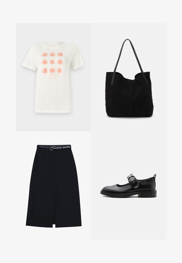 T-shirt en coton blanc arborant neuf motifs floraux en corail, avec "TOM TAILOR" imprimé en dessous dans une teinte assortie. Manches courtes, col rond.; Jupe noire à mi-cuisse avec une fente frontale, fabriquée en tissu lisse. Comprend une fine ceinture noire avec une boucle en argent et des passants.; Chaussure Mary Jane en cuir noir avec une semelle épaisse, un bout arrondi, une bride à boucle argentée et un languette à l’arrière.; Sac fourre-tout en suède noir avec deux longues anses en cuir plates. Présente un bord supérieur incurvé et des coutures visibles sur le devant. Pas d'accents en métal.