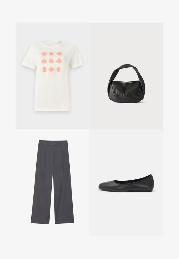 T-shirt en coton blanc arborant neuf motifs floraux en corail, avec "TOM TAILOR" imprimé en dessous dans une teinte assortie. Manches courtes, col rond.; Pantalons larges gris avec une texture lisse, présentant un design plissé à l'avant et une taille standard pour un ajustement confortable.; Ballerines en cuir noir avec un bout rond, texture lisse, détails de couture minimalistes et design de semelle flexible.; Sac à main en cuir noir avec une large bandoulière et une fermeture éclair sur le dessus, présenté sur un fond clair uni.