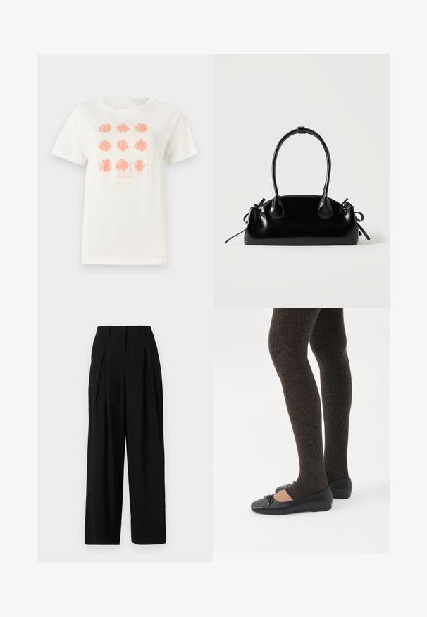 T-shirt en coton blanc arborant neuf motifs floraux en corail, avec "TOM TAILOR" imprimé en dessous dans une teinte assortie. Manches courtes, col rond.; Pantalons larges noirs en tissu lisse, dotés d'une taille haute, de plis à l'avant et d'une silhouette fluide.; Jambes portant des leggings côtelés foncés associés à des ballerines noires avec de petits détails en nœud sur fond blanc.; Petit sac à main noir brillant avec deux longues anses et des détails à cordon sur les côtés sur un fond clair uni.