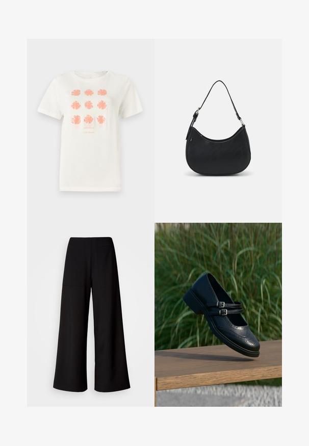T-shirt en coton blanc arborant neuf motifs floraux en corail, avec "TOM TAILOR" imprimé en dessous dans une teinte assortie. Manches courtes, col rond.; Pantalons larges noirs avec une texture lisse, présentant deux poches arrière et une taille haute, offrant une silhouette décontractée.; Chaussure Mary Jane en cuir noir avec doubles brides bouclées et détails brogue, flottant au-dessus d'un banc en bois avec en arrière-plan de l'herbe verte.; Sac hobo noir en cuir lisse avec une silhouette arrondie, doté d'une seule sangle ajustable et de détails de design minimalistes.