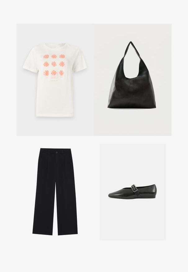 T-shirt en coton blanc arborant neuf motifs floraux en corail, avec "TOM TAILOR" imprimé en dessous dans une teinte assortie. Manches courtes, col rond.; Pantalons larges noirs en tissu lisse. Comprend des plis à l'avant, une fermeture à bouton et des poches latérales. Design simple sans motifs.; Chaussure plate en cuir noir avec un orteil pointu, présentant une sangle à boucle métallique sur le cou-de-pied et une semelle basse et flexible.; Sac bandoulière en cuir noir lisse avec une large sangle unique et un design décontracté et minimaliste sur un fond uni.