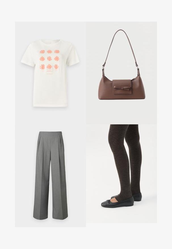 T-shirt en coton blanc arborant neuf motifs floraux en corail, avec "TOM TAILOR" imprimé en dessous dans une teinte assortie. Manches courtes, col rond.; Pantalon gris taille haute à jambes larges avec plis devant et fermeture éclair latérale, en tissu texturé.; Jambes portant des leggings côtelés foncés associés à des ballerines noires avec de petits détails en nœud sur fond blanc.; Sac à bandoulière en cuir marron avec une poche à rabat avant ornée d'un détail en forme de nœud cousu et une sangle réglable.