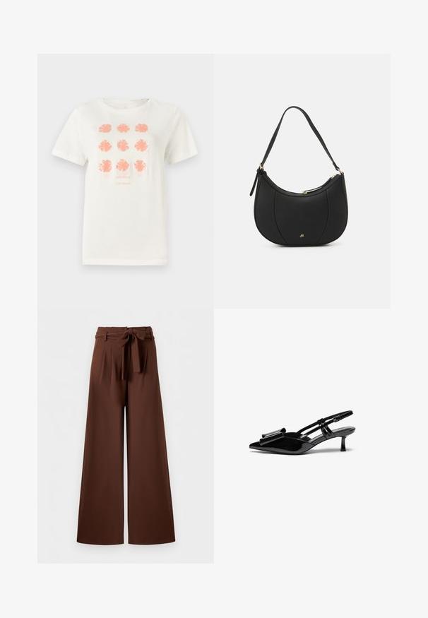 T-shirt en coton blanc arborant neuf motifs floraux en corail, avec "TOM TAILOR" imprimé en dessous dans une teinte assortie. Manches courtes, col rond.; Pantalon marron taille haute à jambes larges avec plis et ceinture en tissu nouée en nœud à la taille.; Talons aiguilles en cuir verni noir avec un bout pointu, un détail en nœud à l'avant et un petit talon stiletto. Les brides sont équipées de boucles ajustables.; Sac à main en cuir noir avec une forme courbée, surface texturée, coutures avant et un logo doré. Il est doté d'une seule sangle ajustable.