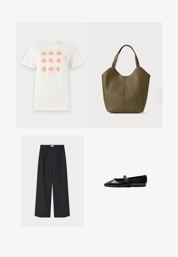 T-shirt en coton blanc arborant neuf motifs floraux en corail, avec "TOM TAILOR" imprimé en dessous dans une teinte assortie. Manches courtes, col rond.; Pantalon noir à jambes larges avec plis sur le devant, passants pour ceinture et poches latérales sur un fond clair uni.; Chaussure noire plate en cuir avec un bout pointu, bride réglable avec une boucle en métal, texture lisse et design minimaliste.; Sac fourre-tout en cuir vert olive avec double poignée, texture lisse et design à quatre panneaux. Coutures renforcées le long des joints pour plus de durabilité.