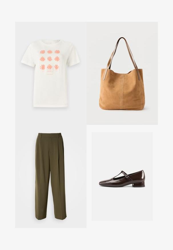T-shirt en coton blanc arborant neuf motifs floraux en corail, avec "TOM TAILOR" imprimé en dessous dans une teinte assortie. Manches courtes, col rond.; Pantalons à jambes larges vert olive en tissu lisse, dotés d'une taille haute, de plis sur le devant et de poches latérales pour plus de fonctionnalité.; Chaussures Mary Jane en cuir verni marron avec un bout arrondi, un design ajouré et une bride réglable. Talon bas bloc.; Sac fourre-tout en daim beige avec de longues anses en cuir marron clair, texture douce et couture simple sur un fond blanc uni.