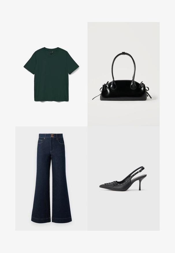 Mørkegrøn kortærmet t-shirt lavet af blødt stof. Har en rund halsudskæring og et enkelt, lige snit. Ingen mønstre eller udsmykning.; Mørkeblå denim jeans med bred flare, høj talje, forlommer og kontrastfarvet guldtråd. Har dobbelt knaplukning.; Sorte læder slingback stiletto med spids tå, side spændebånd, nitter langs kanten og dekorativ snøring foran.; Lille sort blank håndtaske med to lange håndtag og snøre-detaljer i siden på en ensfarvet lys baggrund.