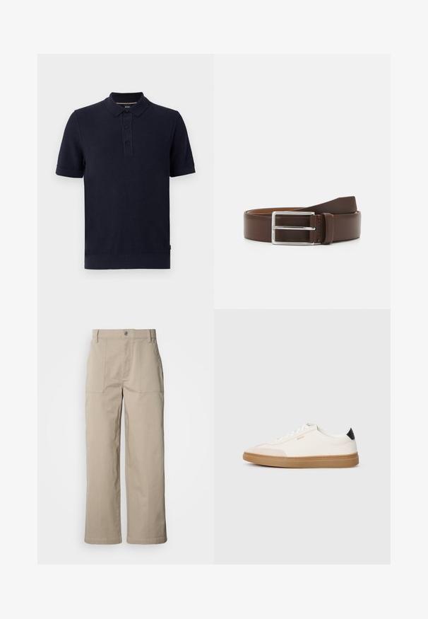 Marineblauwe poloshirt van structuur gebreid materiaal, met een twee-knopenknopsluiting en ribbelmouwen en -zoom. Eenvoudig en modern ontwerp.; Beige wijde broek van katoen; voorzien van voorzakken met klep, een knoopsluiting en zichtbare stiknaden langs de zoom.; Witte sneakers met beige accenten, bovenwerk van glad leer, ronde neus en rubberen gumzool, met een zwarte hieltab en subtiele branding.; Bruine leren riem met een gladde textuur, voorzien van een zilveren metalen gesp en contrasterende stiksels aan de randen.