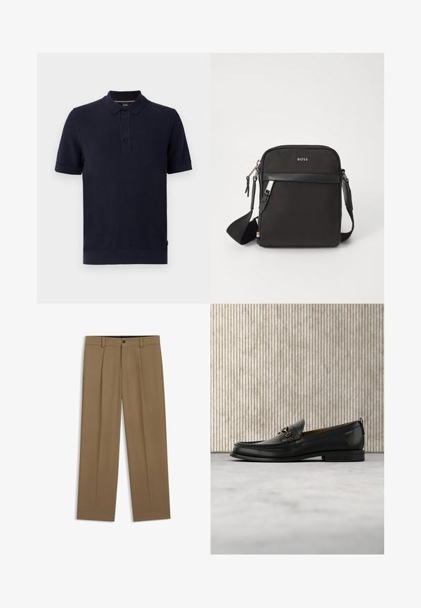 Marineblå polo T-shirt lavet af tekstureret strikstof, med toknap lukning og ribbet ærmer og kant. Enkel og moderne design.; Brune lige bukser med bæltestropper, forreste knap og lynlås, vist fladt på en hvid baggrund.; Sort læderloafers med guldfarvet metaldekoration og "HUGO" branding, vist mod en beige tæppe og brunt gennemsigtigt møbel.; Sort crossbody taske med et struktureret stof, logo på fronten, lynlås lukning og justerbar rem. Har en glat læderkant.