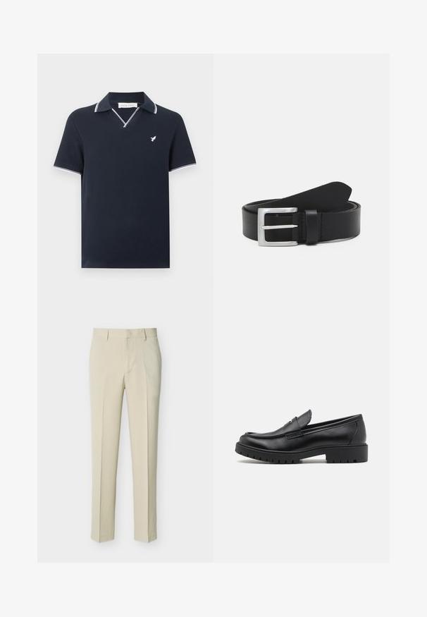 Polo bleu marine à manches courtes avec une bordure blanche au col et aux manches, avec un petit logo blanc d'oiseau sur la poitrine.; Pantalon beige coupé droit avec passants de ceinture et fermeture éclair à l'avant, présenté sur un fond clair uni.; Mocassins en cuir noir avec un bout arrondi, un design à enfiler et une semelle en caoutchouc épaisse avec une texture antidérapante. Talon surélevé et détails de surpiqûre subtils.; Ceinture en cuir noir avec une texture lisse, boucle rectangulaire en argent et une boucle pour l'extrémité. Présente des coutures soignées le long des bords.