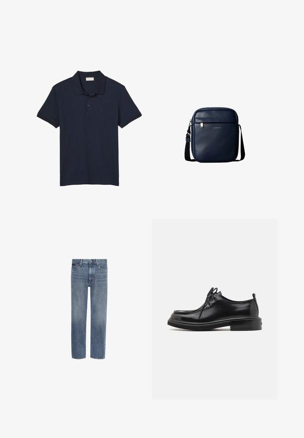 Polo bleu marine à manches courtes avec col et trois boutons, avec un logo discret "cK" sur le côté gauche de la poitrine.; Jean en denim bleu à jambes droites, avec poches avant, passants de ceinture et fermeture par bouton.; Calvin Klein LACE UP APRON BRUSH OFF - Derbies - black; Sac bandoulière en cuir bleu foncé avec poche zippée à l'avant et bandoulière noire réglable.