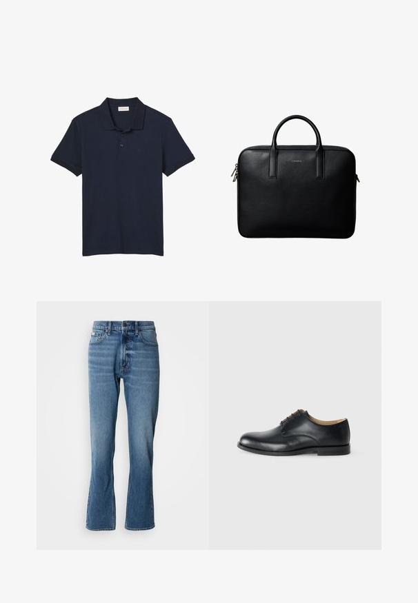Polo bleu marine à manches courtes avec col et trois boutons, avec un logo discret "cK" sur le côté gauche de la poitrine.; Jeans en denim bleu clair avec une coupe droite et une légère évasée. Comprend cinq poches, une fermeture à bouton et des détails de décoloration subtils.; Calvin Klein ESS DERBY - Derbies - triple black; Mallette en cuir noir texturé avec double poignées et tirettes de fermeture éclair argentées, centrée sur fond blanc.