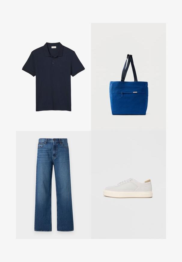 Polo bleu marine à manches courtes avec col et trois boutons, avec un logo discret "cK" sur le côté gauche de la poitrine.; Jean bleu à taille haute et coupe droite, avec bouton et fermeture éclair à l'avant, cinq poches, et un petit patch de marque sur la poche droite.; Baskets gris clair avec une tige synthétique lisse, un bout rond et une semelle intermédiaire texturée couleur crème. Accents beige clair au niveau du talon.; Sac fourre-tout en toile bleue avec une poche zippée à l'avant, des doubles bretelles et une forme rectangulaire. Dispose d'une étiquette de marque discrète.