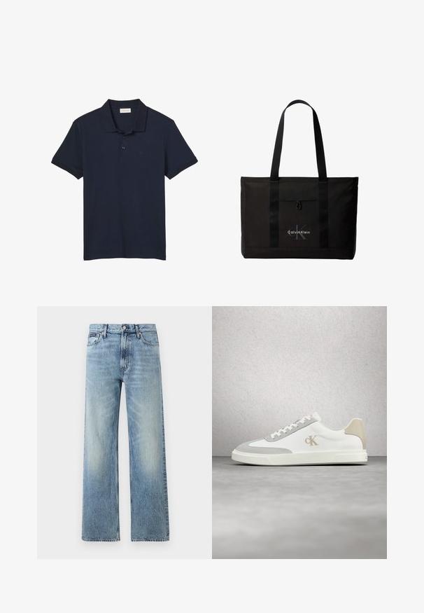 Marineblaues Poloshirt mit kurzen Ärmeln, Kragen und drei Knöpfen, mit dezentem "cK" Logo auf der linken Brust.; Hellblaue Jeans mit geradem Bein, hohem Bund, fünf Taschen, Knopfverschluss und dezentem Verblassen an Oberschenkeln und Knien.; Weißer Calvin Klein Sneaker mit beigen Wildlederakzenten und Logo, schwebend über einem glatten grauen Boden vor einer Glasbausteinwand.; Schwarze Calvin Klein Tote-Tasche mit zwei langen Griffen und Fronttasche, mit dem Markenlogo in Weiß und Grau.