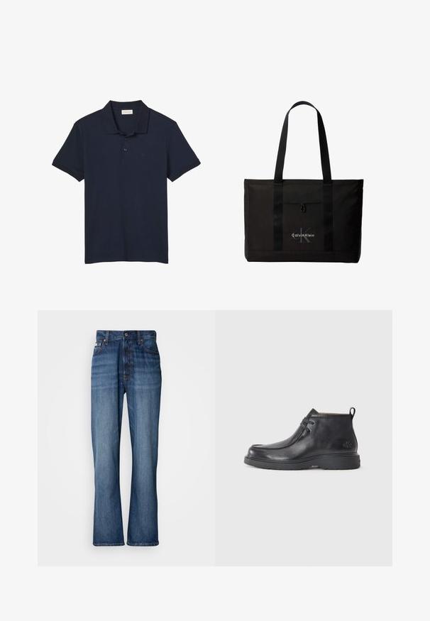 Polo bleu marine à manches courtes avec col et trois boutons, avec un logo discret "cK" sur le côté gauche de la poitrine.; Jean en denim bleu avec une taille haute, jambes évasées, design à cinq poches et couture ton sur ton. Comprend une fermeture à bouton et des poches rivetées.; Bottes noires en cuir à talon arrondi, avec un design à lacets et une languette à l'arrière. Tige texturée et semelle en caoutchouc.; Sac cabas noir Calvin Klein avec deux longues poignées et une poche avant, avec le logo de la marque en blanc et gris.