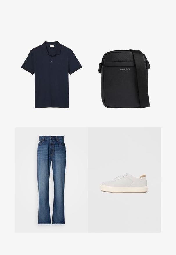 Polo bleu marine à manches courtes avec col et trois boutons, avec un logo discret "cK" sur le côté gauche de la poitrine.; Jean en denim bleu avec une taille haute, jambes évasées, design à cinq poches et couture ton sur ton. Comprend une fermeture à bouton et des poches rivetées.; Baskets gris clair avec une tige synthétique lisse, un bout rond et une semelle intermédiaire texturée couleur crème. Accents beige clair au niveau du talon.; Sac bandoulière noir Calvin Klein avec surface texturée et bandoulière réglable.