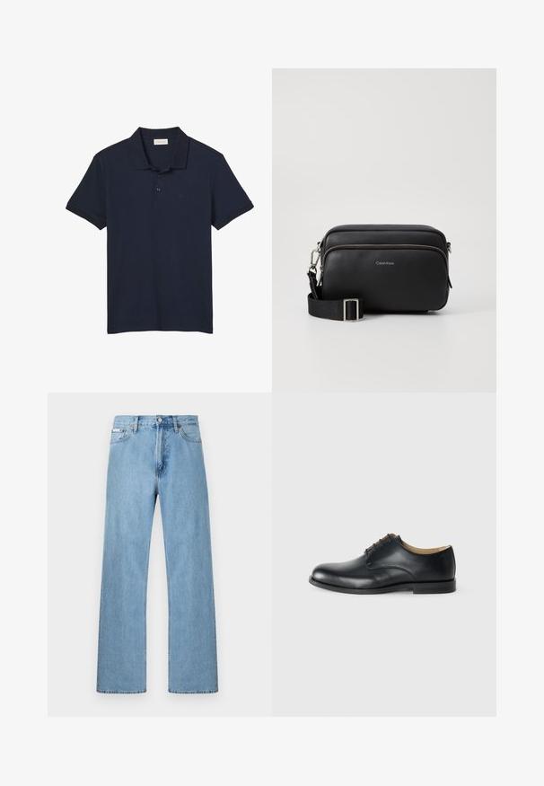 Polo bleu marine à manches courtes avec col et trois boutons, avec un logo discret "cK" sur le côté gauche de la poitrine.; Jean en denim bleu clair coupe droite à cinq poches avec fermeture à boutons à la taille, présenté sur un fond uni.; Calvin Klein ESS DERBY - Derbies - triple black; Sac en cuir noir à bandoulière avec deux compartiments zippés, finition texturée, sangle ajustable et accents en métal argenté. Logo Calvin Klein affiché.