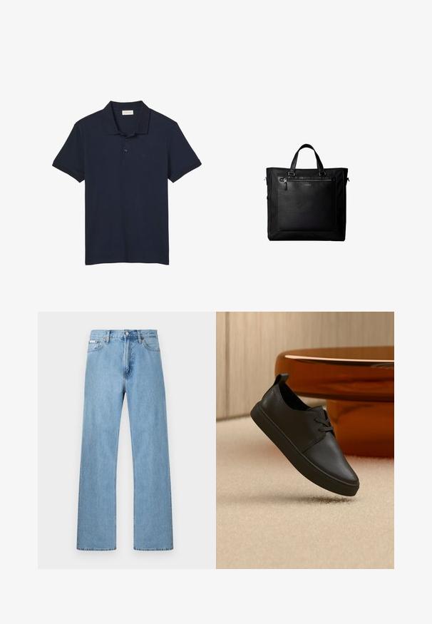 Marineblaues Poloshirt mit kurzen Ärmeln, Kragen und drei Knöpfen, mit dezentem "cK" Logo auf der linken Brust.; Hellblaue gerade geschnittene Jeans im Five-Pocket-Design mit Knopfverschluss an der Taille, präsentiert vor einem schlichten Hintergrund.; Schwarzer Freizeit-Sneaker aus Leder mit Schnürsenkeln, schwebt über einem beigen Teppich, im Hintergrund ein bernsteinfarbenes, rundes Glastisch.; Schwarze Tragetasche mit Doppelgriffen, großer vorderer Ledertasche mit Reißverschluss und dezentem Calvin Klein-Logo in der Mitte der Tasche.